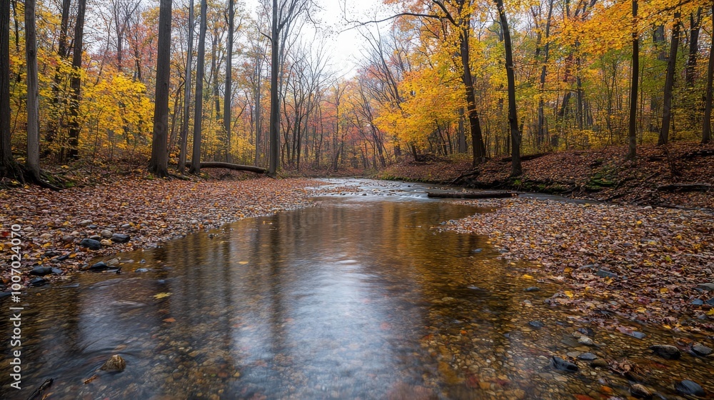 Aufkleber in a tranquil forest, a clear stream flows gently through trees adorned with golden and red autumn f