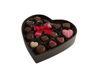 Heart-shaped box filled with assorted chocolates, decorated with a red bow, white background.   PNG transparent.