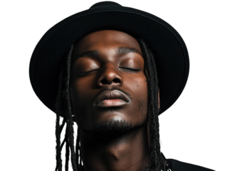 Man wearing a black hat and traditional sidelocks, with a quirky facial expression, white background.   PNG transparent.