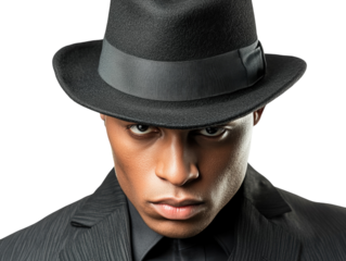 Man wearing a black hat and traditional sidelocks, with a quirky facial expression, white background.   PNG transparent.