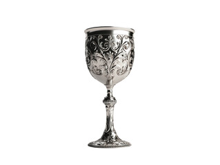 Ornate silver goblet with intricate engravings on a white background.   PNG transparent.