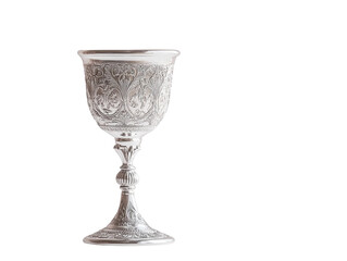 Ornate silver goblet with intricate engravings on a white background.   PNG transparent.