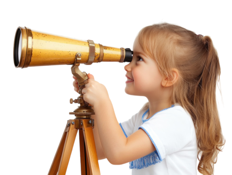 Young girl looking through a telescope, exploring and curious, white background.   PNG transparent.