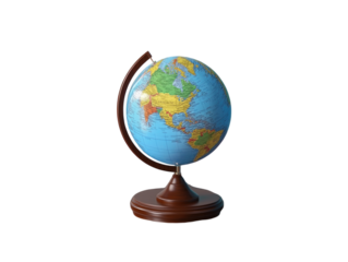 Detailed globe of the world placed on a wooden table, blue background.   PNG transparent.
