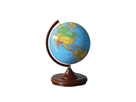 Detailed globe of the world placed on a wooden table, blue background.   PNG transparent.