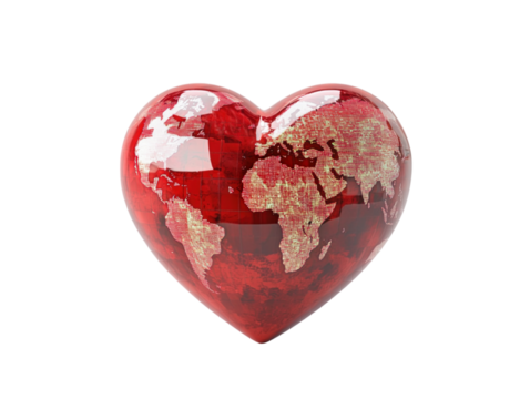Red heart-shaped object with a world map design on it, white background.   PNG transparent. - Powered by Adobe