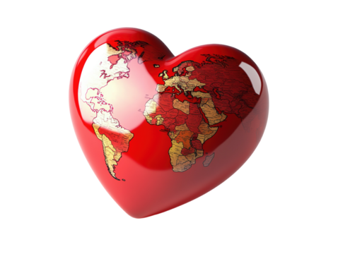 Red heart-shaped object with a world map design on it, white background.   PNG transparent.