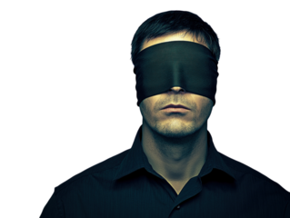 Man with a blindfold over his eyes standing against a green background.   PNG transparent.