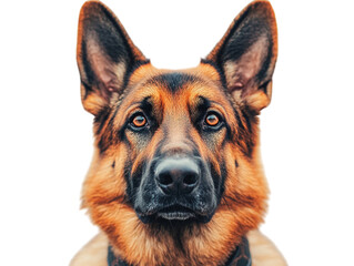 German shepherd dog wearing a harness, standing alert on a light background.   PNG transparent.