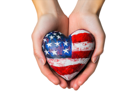 Heart-shaped object painted with the American flag held in hands.   PNG transparent.