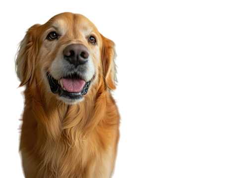 Golden retriever dog standing calmly with person in the background.   PNG transparent.