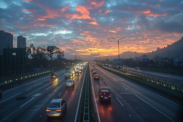 Obraz premium Dusk Traffic on a Vibrant Highway