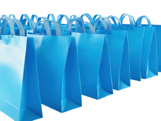 Blue gift bags with ribbon handles arranged on a white background.   PNG transparent.