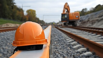 Safety Helmet on Railway Tracks Construction Site.