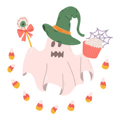 Fun Halloween clipart with hand drawn ghost. Creepy ghost in witch hat with scary sweets. Cute print design for Halloween isolated on white background