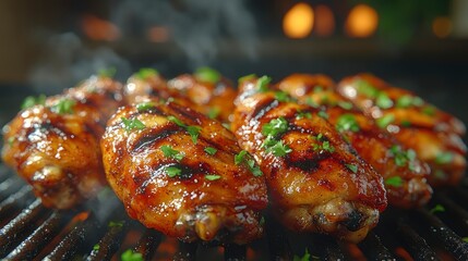Close-up of Grilled Chicken Wings on a BBQ Grill