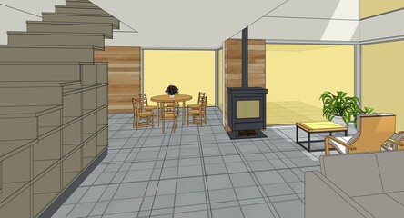 interior kitchen living room 3d illustration