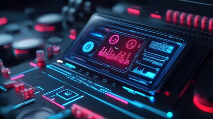 Obraz premium Futuristic machine concept with holographic UI displaying real-time performance and diagnostics, future machines, machine diagnostics