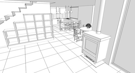 interior kitchen living room 3d illustration
