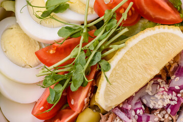 Salad with tuna pieces, boiled egg, cherry tomatoes, lettuce