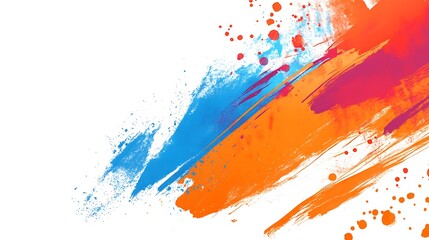 Abstract watercolor background with blue, orange, and red paint splatters on a white background.