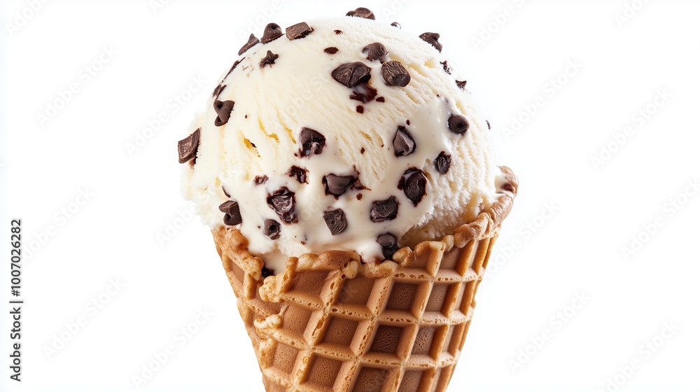 Poster creamy vanilla ice cream topped with chocolate chips in a crisp waffle cone, perfect for summer trea