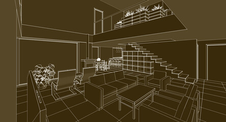 interior kitchen living room 3d illustration