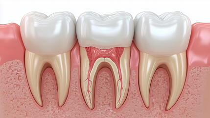 Realistic cross-section of a molar undergoing a root canal, showing the removal of inflamed pulp and replacement with a filling.