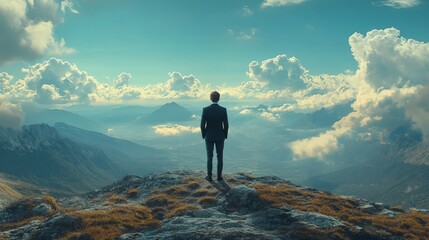 A young and handsome man wearing a black suit stands on the mountaintop