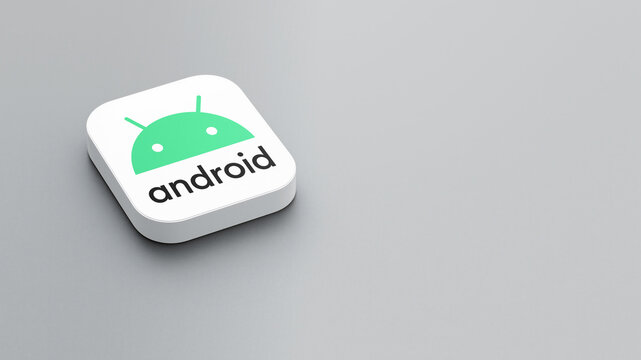 An icon of the Android logo on a gray background, a white square with rounded corners, a minimalistic design, 3D rendering.