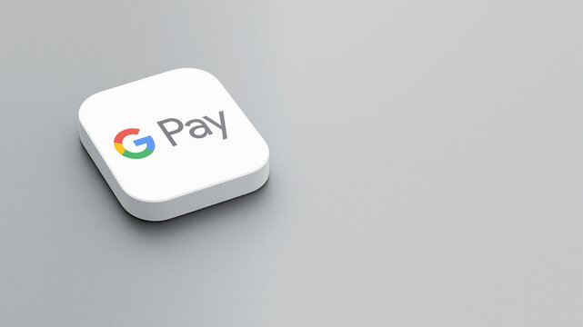 An icon of the Google Pay logo on a gray background, a white square with rounded corners, a minimalistic design, 3D rendering.