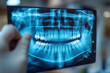Digital x-ray of a patient's teeth showing cavities and areas for treatment, with a diagnostic interface overlaying the image.