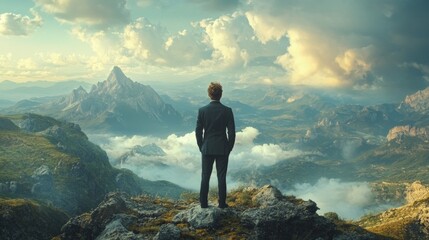 A young and handsome man wearing a black suit stands on the mountaintop