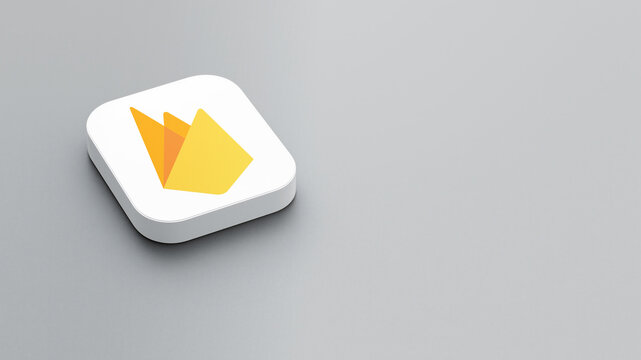 An icon of the Google Firebase logo on a gray background, a white square with rounded corners, a minimalistic design, 3D rendering.