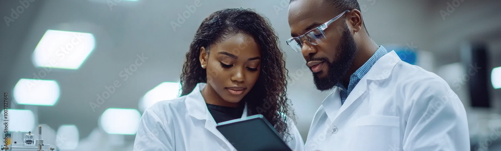Poster a project manager and chief engineer discuss design details while consulting a tablet