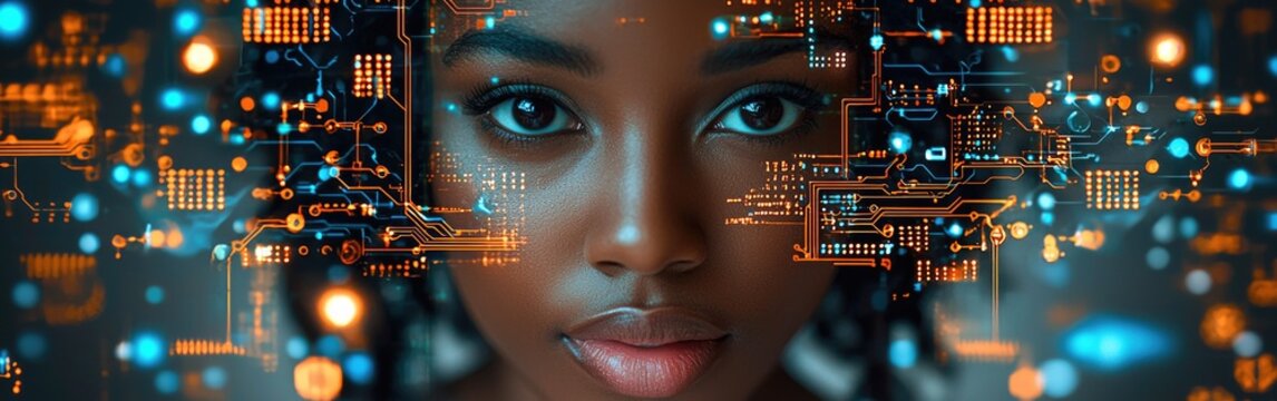 A young Black woman is surrounded by intricate microchip designs, showcasing technology
