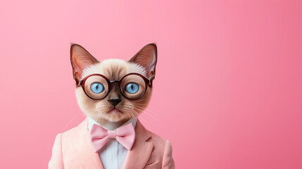 A cat dressed in a pink suit and glasses against a pink background