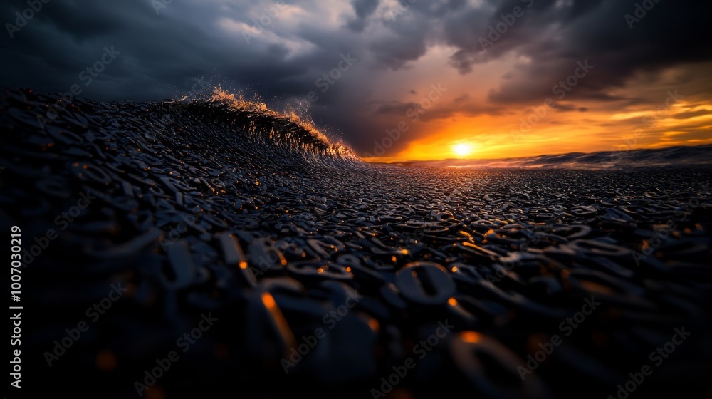Poster a massive wave composed of reflective metallic numbers crashes against a stormy backdrop, illuminate