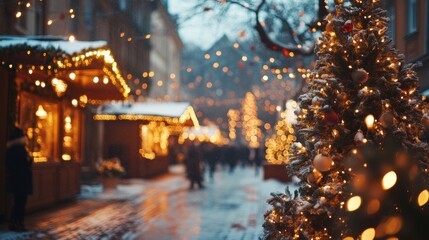 Fototapeta premium Magical winter market filled with lights and holiday decorations