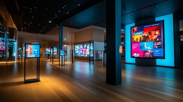 The spacious theater lobby is highlighted by tall LED screens and interactive kiosks, emphasizing a sleek, modern aesthetic perfect for an immersive entertainment experience