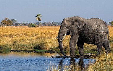 Obraz premium An elephant with tusks is drinking from a pond