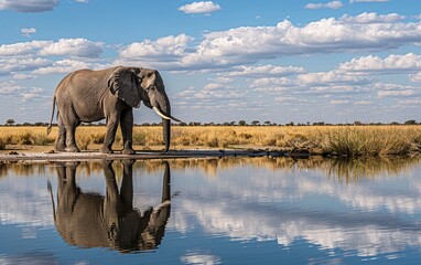 Fototapeta premium An elephant with tusks is drinking from a pond