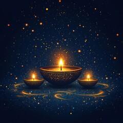 Golden Diwali Lamps on Dark Blue Background - Hand Drawn Vector Illustration