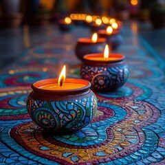 Colorful Rangoli with Illuminated Diya Oil Lamps