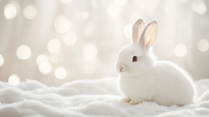 Obraz premium A fluffy white bunny sits against a soft, light background, perfect for an Easter celebration. There's plenty of room around the bunny for adding text or other decorations.