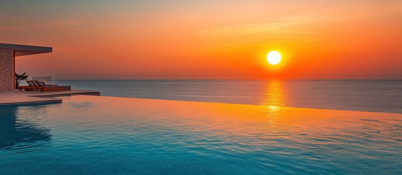 A luxurious infinity pool overlooks the ocean at sunset. The sun casts a golden glow over the water.