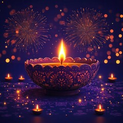Festive Violet Diwali Greetings with Fireworks & Lamp