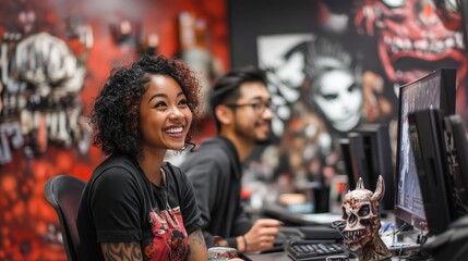 Smiling African American woman in a creative workspace with tattooed arms, seated at a computer desk in front of a vibrant, artistic wall, with a male colleague and detailed skull sculpture
