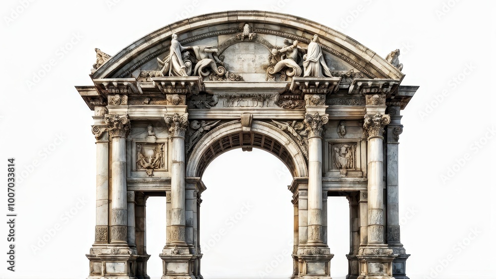 Poster a grand architectural archway featuring intricate sculptures and classical design elements.