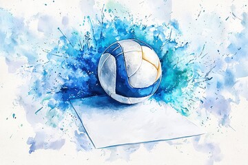 Vibrant watercolor illustration of a volleyball on a textured surface with dynamic blue paint splashes